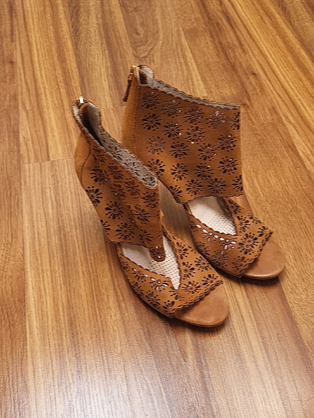 Tan Laser-Cut Open-Toe Ankle Heels